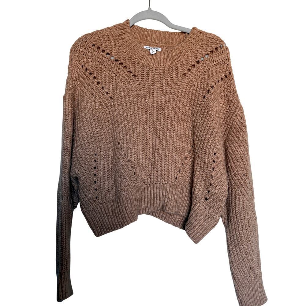 Elizabeth And James Camel Open Knit Mock Neck Sweater Large Cozycore Normcore